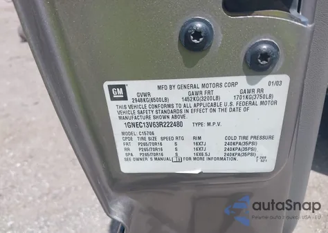 2003 Chevrolet Tahoe Ls z USA, uszkodzony, nr VIN 1GNEC13V63R222480